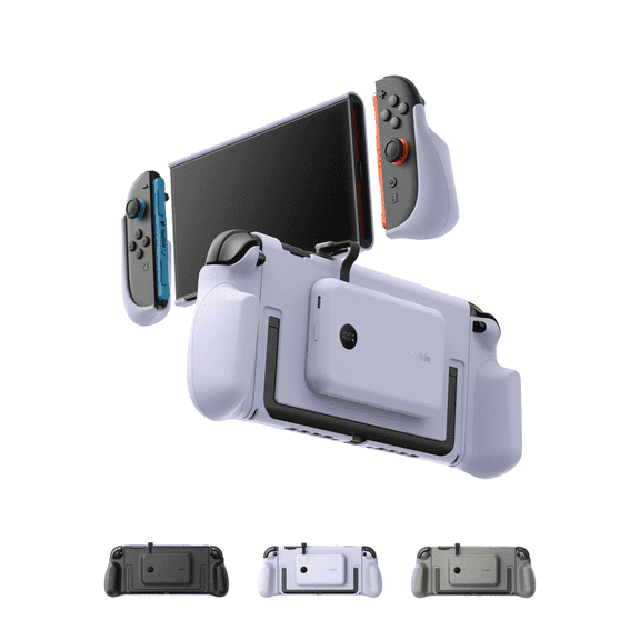 Gaming Nintendo Switch 2 Case Grip, Dockable with 30W 10000mAh Magnetically Attachable Power Bank with Digital Display, Kickstand Compatible Ergonomic Non-Slip Protective Travel Case - Lilac