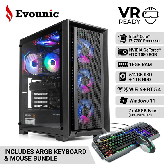 Gaming PC Desktop Computer,Intel i7-7700,NVIDIA GTX 1080 8GB,16GB RAM,512GB SSD,1TB HDD,WiFi 6,BT 5.4,Windows 11,7*ARGB Fans,RGB Keyboard & Mouse