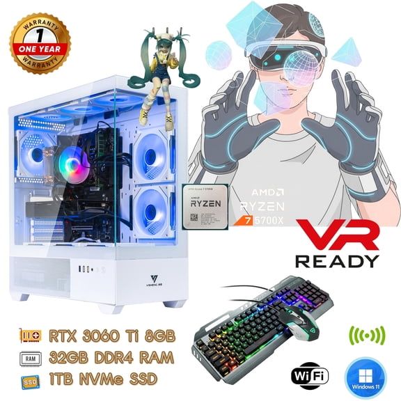 Gaming PC Desktop Computer  Ryzen 7 5700X up to 4.6GHz (8 Cores / 16 Threads), RTX 3060 Ti, 32GB DDR4 RAM, 1TB  SSD, Wi-Fi 6 & Bluetooth 5.4, 9 ARGB Fans, Air Cooler, 650W PSU, Win11 Pro