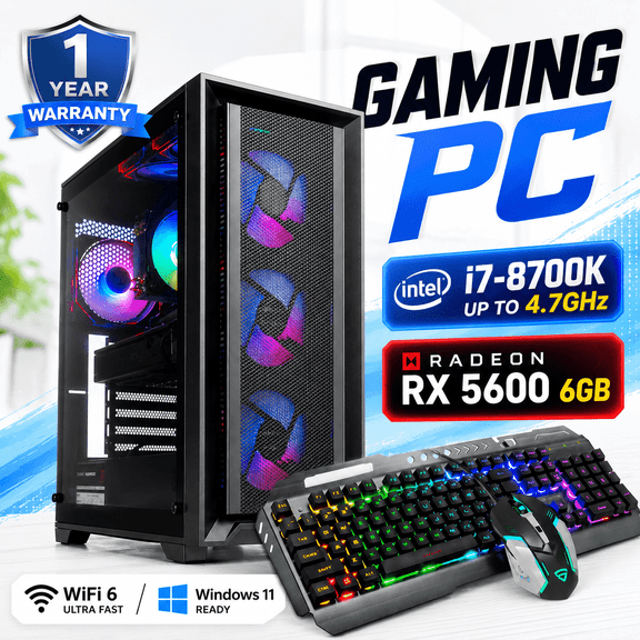 Gaming PC Desktop Computer, Core i7-8700K up to 4.7GHz, Radeon RX 5600 6GB, 16GB DDR4 RAM, 512GB SSD, WiFi 6, Windows 11, RGB Air Cooling