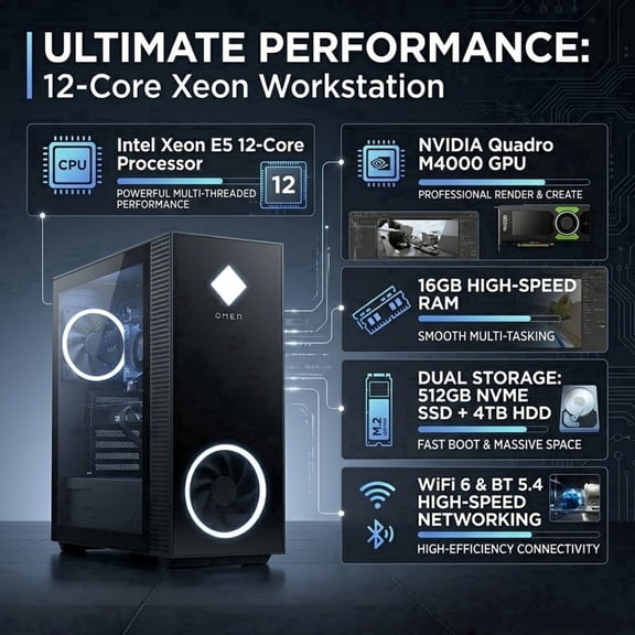 Gaming PC,Intel Xeon E5 12-Core,NVIDIA Quadro M4000 Graphics,16GB DDR4 RAM,512GB NVME SSD,4TB HDD,650W PSU,WiFi6 BT5.4,Pro Computer Ready for Gaming, 3D Design, Video Editing