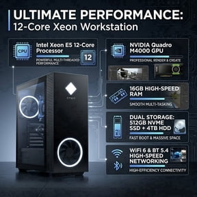 Gaming PC,Intel Xeon E5 12-Core,NVIDIA Quadro M4000 Graphics,16GB DDR4 RAM,512GB NVME SSD,4TB HDD,650W PSU,WiFi6 BT5.4,Pro Computer Ready for Gaming, 3D Design, Video Editing