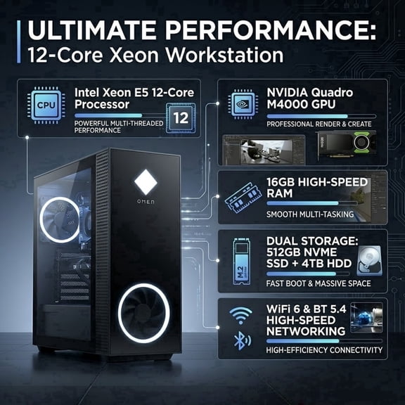 Gaming PC,Intel Xeon E5 12-Core,NVIDIA Quadro M4000 Graphics,16GB DDR4 RAM,512GB NVME SSD,4TB HDD,650W PSU,WiFi6 BT5.4,Pro Computer Ready for Gaming, 3D Design, Video Editing