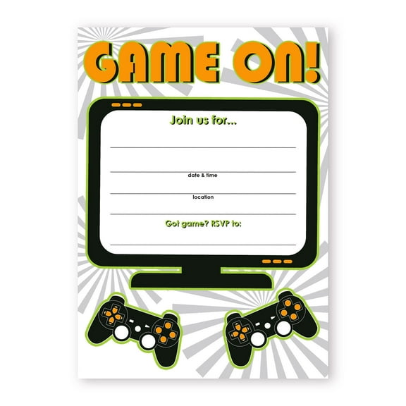 Gaming Party LARGE Invitations - 10 Invitations + 10 Envelopes