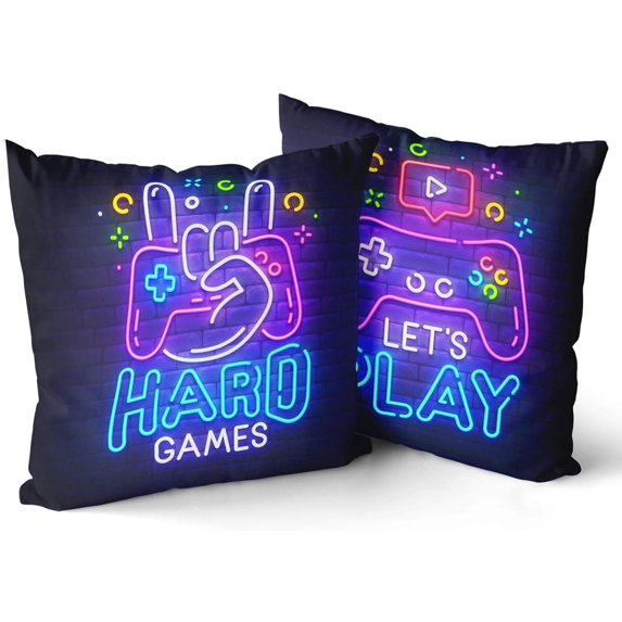 Gaming Pillow Covers 18x18 Inch Set of 2 Soft Cotton Gamer Controller Pillowcase Farmhouse Home Purple Game Decor Throw Pillows Cover Gifts for Teen Boys for Car Cabin Bed Couch Sofa Living Room