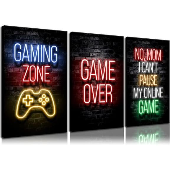 Gaming Posters Canvas Wall Art Decor, Teen Game Room Decorations, Boys Room Decor, Gamer Wall Decor, Gamer Room Decor for Boys Wall 12"X16" - Framed Set of 3