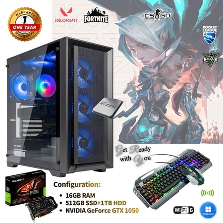 Gaming-Pro Gaming PC Computer RYZEN-5-PRO-2400G 16GB RAM NVIDIA GeForce GTX 1050 512GB SSD+1TB HDD WIFI6 WINDOWS 11 RGB Keyboard & Mouse