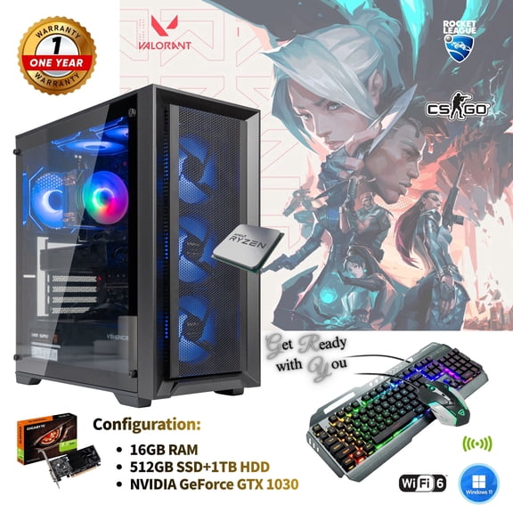 Gaming-Pro Gaming PC Desktop Computer | AMD Ryzen 5 PRO 2400G 3.6GHz | 16GB DDR4 RAM | 512GB SSD + 1TB HDD | NVIDIA GT 1030 2GB GDDR5 Graphics | WiFi 6 | Windows 11 | RGB Gaming Keyboard & Mouse
