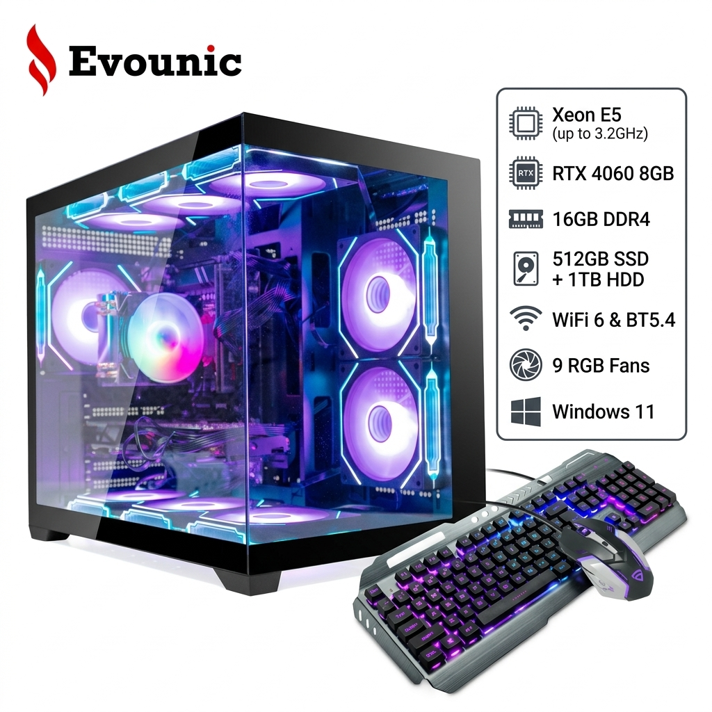 Evounic PC de Escritorio para Gamer - Xeon E5 hasta 3.2GHz, RTX 4060 8GB, 16GB DDR4, 512GB SSD+1TB HDD, WiFi 6 y BT5.4, Ventilador RGB de 9, Win11, KB RGB y Mouse