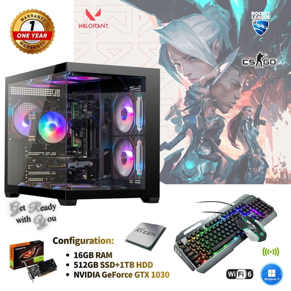 Gaming-Pro Gaming PC RGB Desktop Computer | AMD Ryzen 5 PRO 2400G | 16GB DDR4 RAM | 512GB SSD +1TB HDD | NVIDIA GT 1030 | WiFi6 | Windows 11 | MegaCool 10-Fan Edit | RGB Gaming Keyboard & Mouse