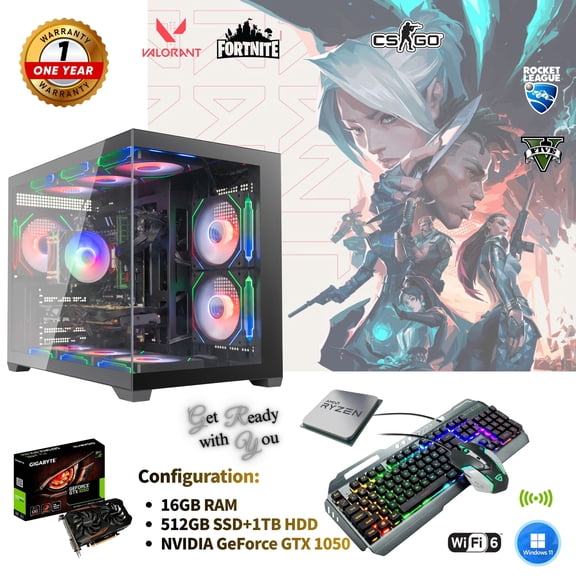 Gaming-Pro Gaming PC RGB Desktop Computer | AMD Ryzen 5 PRO 2400G | 16GB DDR4 RAM | 512GB SSD +1TB HDD | NVIDIA GT 1050 | WiFi6 | Windows 11 | MegaCool 10Fan Edit | RGB Gaming Keyboard & Mouse