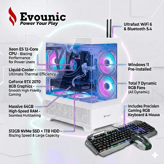 Evounic Prebuilt Gaming PC - Xeon E5 12-Core, RTX 2070 8GB, 64GB RAM, 512GB SSD+1TB HDD, WiFi 6 & BT5.4, 8 RGB Fan, Win11, RGB KB & Mouse