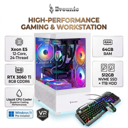 Evounic Liquid Cooler Gaming PC, Xeon E5 12-Core RTX 3060 Ti 8GB, 64GB RAM, 512GB Nvme SSD+1TB HDD, WiFi 6 & BT5.4, 8 RGB Fan, Windows11