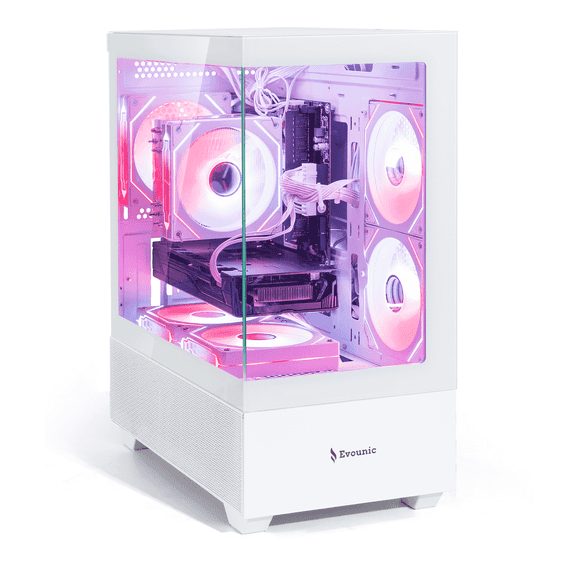 Evounic White Gaming PC - Xeon E5-2676V3 12-Core, RTX 3060 Ti 8GB, 64GB RAM, 512GB SSD+1TB HDD, WiFi 6 & BT5.4, 8 RGB Fan, Win11, RGB KB & Mouse