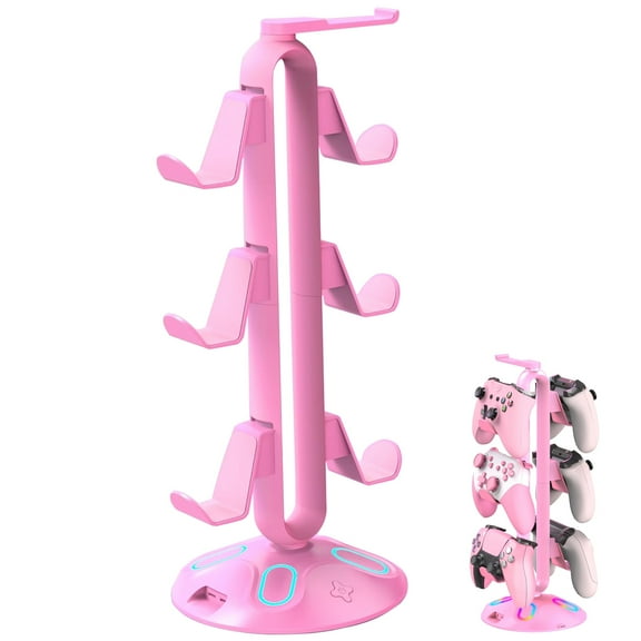 Gaming RGB Headphone Controller Stand, Controller Holder with 9 Light Effects, Headset Stand with 2 USB Charging Ports and 3.5mm & Type-C Data Transfer Controller Holder for Desk Gaming Accessories