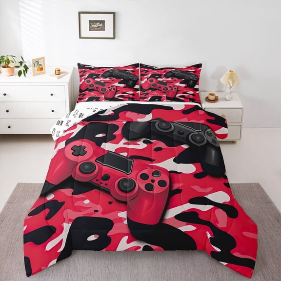 Gaming Red King Size Comforter Set - Gamer Comforter Bedding Sets, Black and Red Camouflage Design Camo Gamer Room Decor