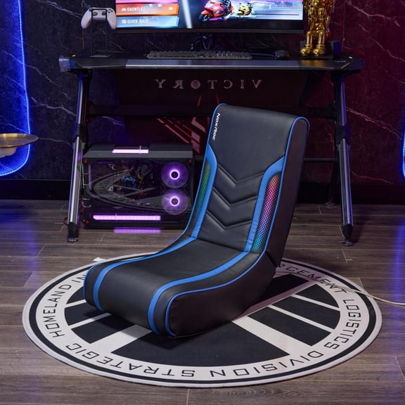 Gaming Rocker Floor Chair with RGB LED Light, PU Leather Foldable Rocking Gaming Chair, Ergonomic Floor Seat for Game Room, Movie Watching, Reading, Black & Blue
