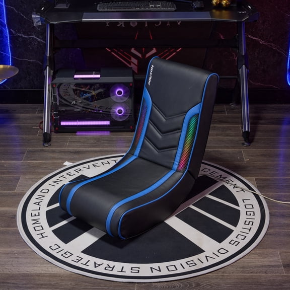 Gaming Rocker Floor Chair with RGB LED Lights & USB Power, PU Leather Foldable Video Game Chair for Teens and Adults, Black & Blue