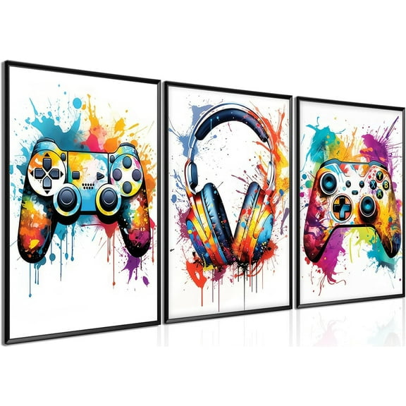 Gaming Room Decor Wall Art Set of 3, Video Gaming Theme Decor Gamer Room Gamepad Graffiti Posters Pictures Wall Art, Gaming Canvas Painting Prints for Teen Boys Room Decor Unframed