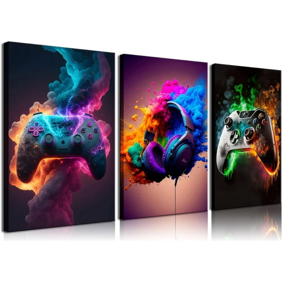 Gaming Room Decor Wall Art, Video Gaming Theme Decor Gaming Room Wall Art, Gaming Canvas Posters for Teen Boys Room Framed 12x16in Set of 3