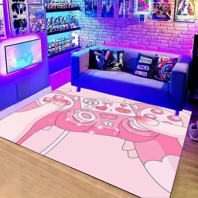 Gaming Rug for Kids Boy Bedroom Gamer Area Carpet 3D Neon Game Cool Blue Blacklight Living Room Game Room Large Area Rug Teen Boy Room Decor Non-Slip Comfy Floor Mat