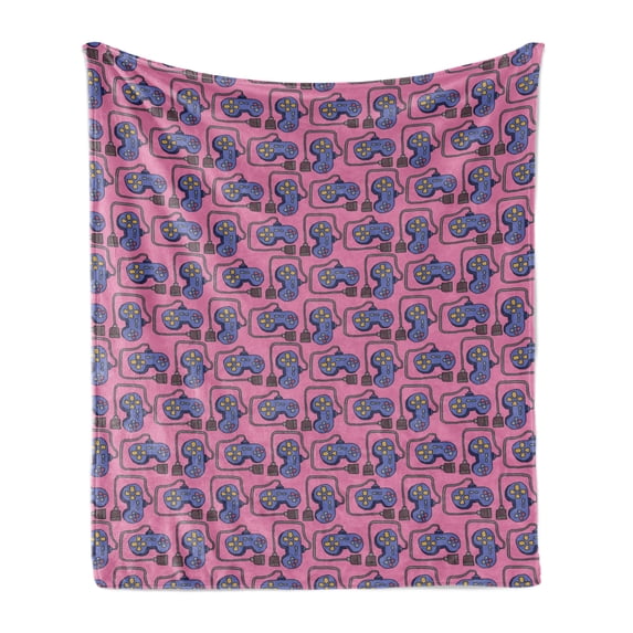 Gaming Soft Flannel Fleece Throw Blanket, Continuous Joystick Gamepad Vintage Childhood, Cozy Plush for Indoor and Outdoor Use, 70" x 90", Pink Violet Blue, by Ambesonne