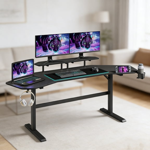 Gaming Standing Desk Adjustable Height Gamer Desk for Sitting/Standing Use, Computer Gaming Workstation with Curved Surface & Quiet Height Adjustment