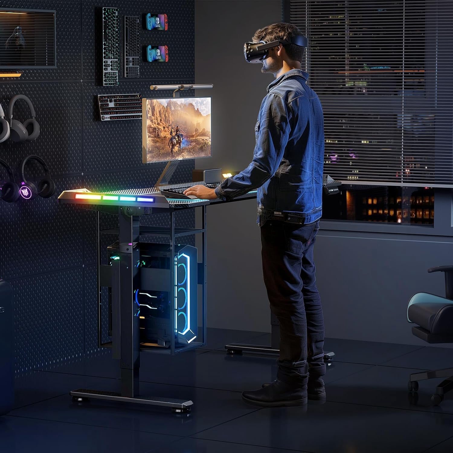 Gaming Standing Desk with LED Lights & Host Shelf, 55x24 Inch Electric ...