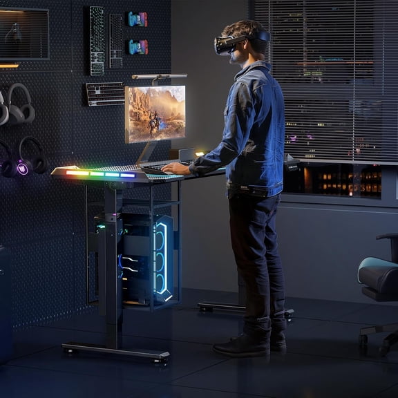 Gaming Standing Desk with LED Lights & Host Shelf, 55x24 Inch Electric Height Adjustable Computer Table with RGB Music Sensing, Carbon Fiber Surface for Home Office