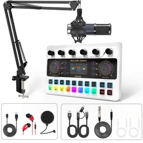 Gaming Streaming Bundle Condenser Microphone Live Sound Card Mixer for Podcasting, Streaming, Gaming, Recording, Online Chatting, Black, 1 Count