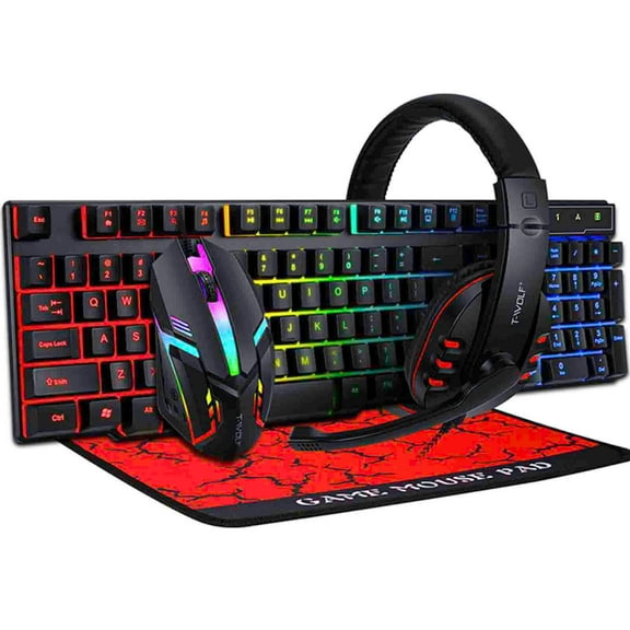 Gaming T-WOLF TF800 Four-piece Gaming Combo 104 Keys Keyboard 4-color Breathing Light Mouse 3.5mm Gaming Headset Anti-slip Mouse Pad