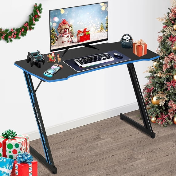 BIQWBIC Gmaing Desk Z Shaped 39" Computer Desk Ergonomic Gaming Table with Headphone Hook for Game Players,Blue