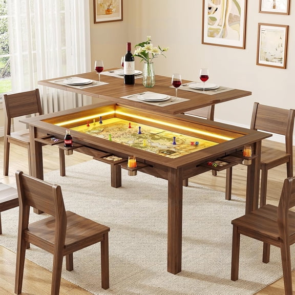 Gaming Table with LED Lights, 63" Dining Table, Walnut | Seats 4-6, RGB LED, 6 Cup Holders & Trays, 53x31.5in Play Area, Removable Top