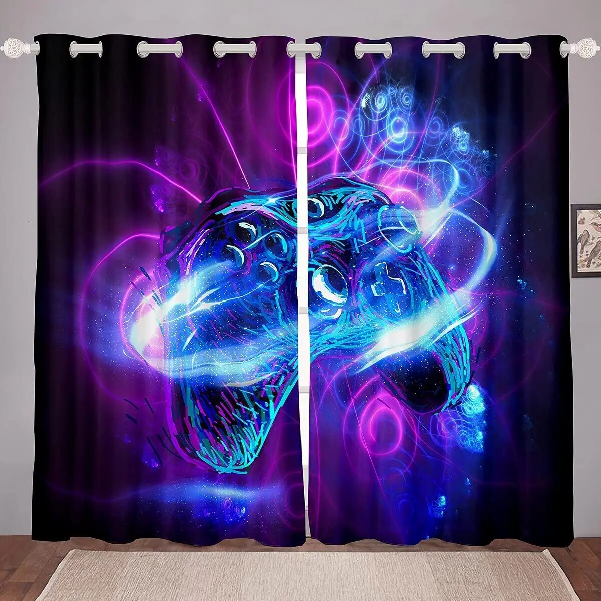 Gaming Thermal Insulated Window Drapes Teal Marble Gamepad Room