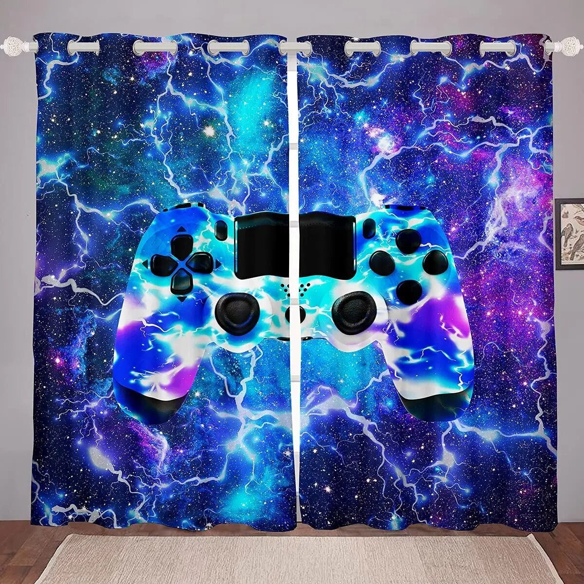 Gaming Thermal Insulated Window Drapes Teal Marble Gamepad Room