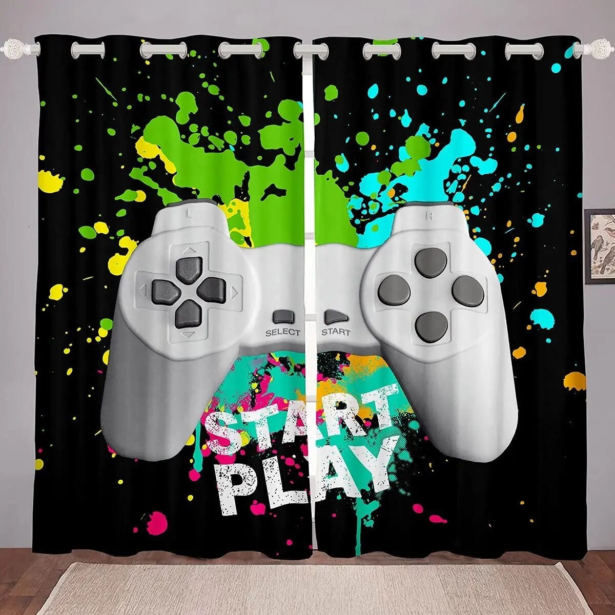 Gaming Thermal Insulated Window Drapes Teal Marble Gamepad Room