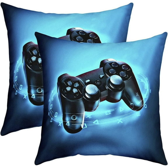 Gaming Throw Pillow Covers 18x18 Set of 2, Game Pillow Covers for Kids Boys Girls, Video Game Gamer Cushion Covers, Teens Gamepad Decorative Accent Pillow Cases for Home, Blue Black