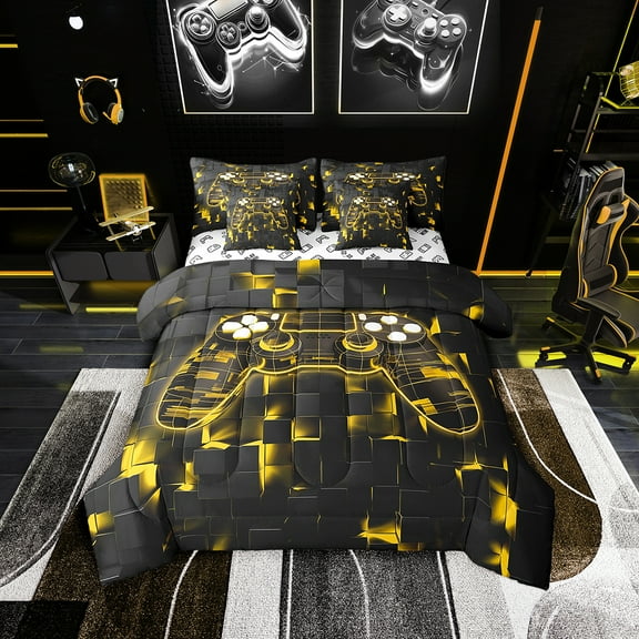 Gaming Bedding Set 7 Pieces Game Comforter Set Twin,Abstract Glowing Lines Bed in a Bag Black Yellow Bed Sheets Set Game Theme Bedding Accessories,Cozy For All Season