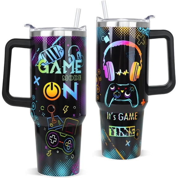 Gaming Tumbler Gamer Gifts for Gamers Men Dad Papa Husband Boy Son Boyfriend Game Cup Coffee Travel Mug with Handle and Straw -40 oz Gaming Time(1PCS)