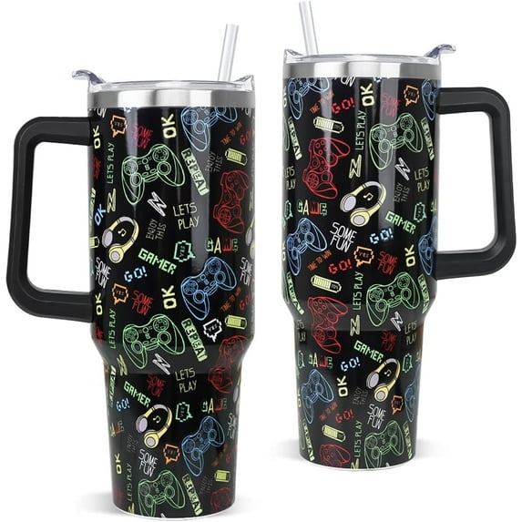 Gaming Tumbler with Handle and Straw Game Cup Coffee Travel Mug Gamer Gifts for Gamers Men Dad Papa Husband Boy Son Boyfriend-40 oz Gaming Stuff Gear