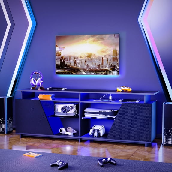 Entertainment Center Gaming TV Stand for PS5 with Power Outlet,for TVs 75 inch and Below,LED Entertainment Center,Suitable for Living Room,Bedroom,Media Console
