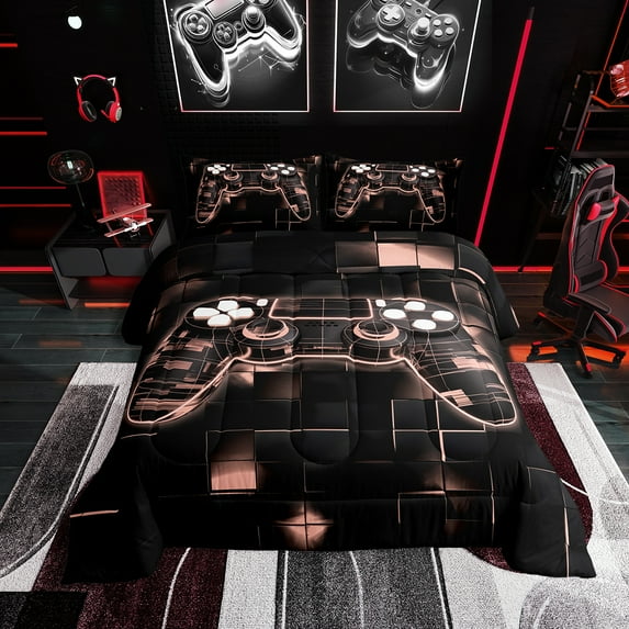 Gaming Twin Bedding Set Gamer Comforter,Game Contoller Bedding Set Men Video Game Bed Set,Glowing Gamepad Duvet Set,Light Pink Plaid Square Bedding Reversible