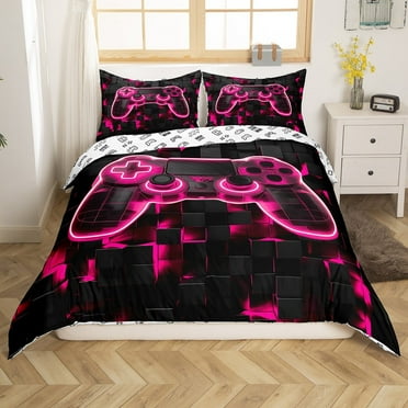 Gaming Twin Bedding Set Gamer Room Decor Duvet Cover, Rose Purple Geometry Honeycomb Print Comforter Cover, Gamepad Controller Bedspread Cover Modern Abstract Plaid Bedding Reversible