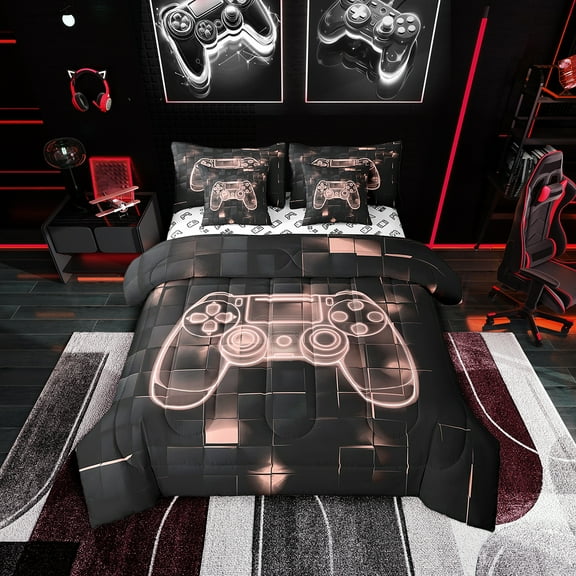 Gaming Twin Bedding Sets Pink Black Gamepad 7 Piece Comforter Set Video Game Gamer Bed In A Bag Geometric Grid Square Bed Set With Comforter,Sheets Pillow Case And Covers