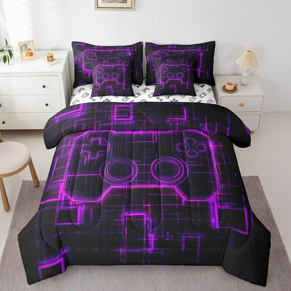 Gaming Twin Comforter Set Purple Game Bed In A Bag 7 Pieces,Geometric Lines Bedding Set Gamped Themed Sheet Set Teens