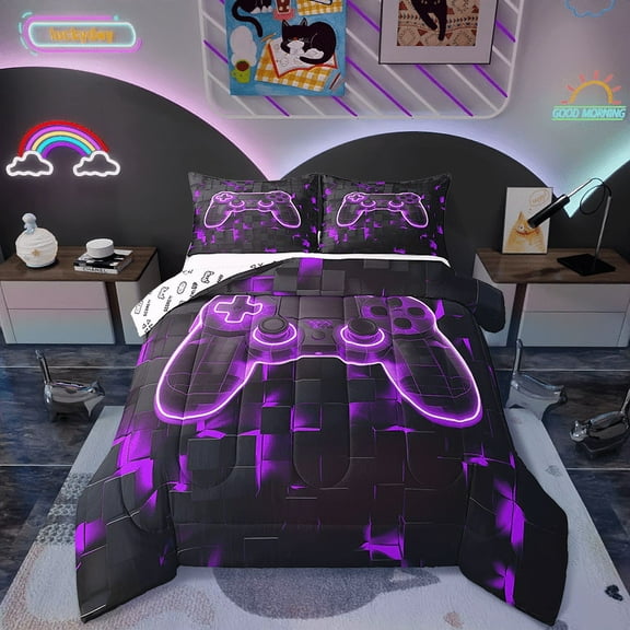 Gaming Twin Comforter Sets Gamer Room Decor Bedding 2 Pcs, Modern Abstract Plaid Bedding Comforter Sets Purple Geometry Honeycomb Print Duvet Insert Gamepad Controller Quilt