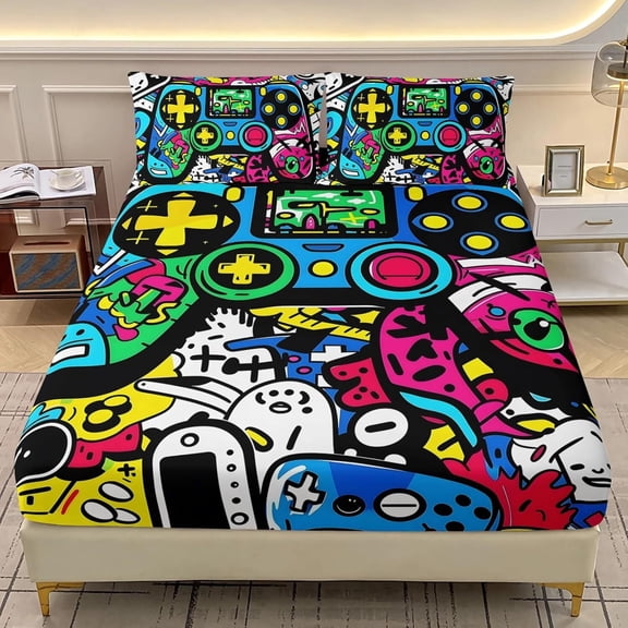 Gaming Twin XL Size Fitted Sheet Set - Graffiti Video Game Controller Bedding Set for Boys Girls - Cartoon Funny Gamepad Deep Pocket Sheets with 2 Pillowcases - 3 Pieces