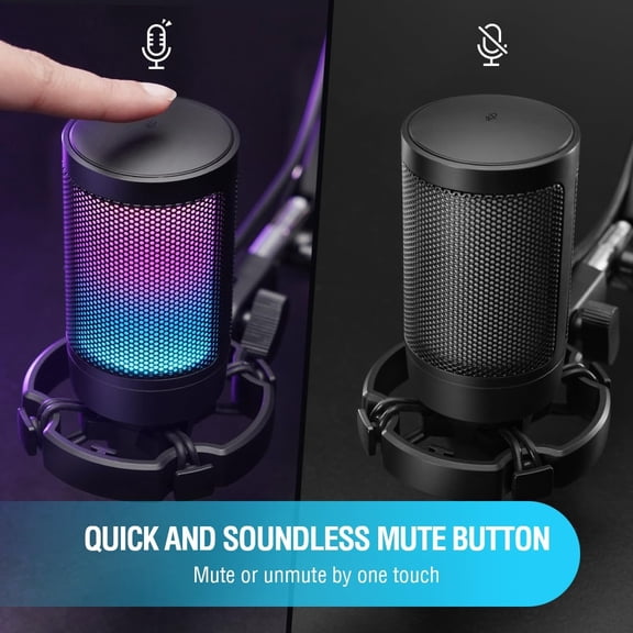 Gaming USB Condenser Microphone with  Filter, RGB Light, Quick Mute, Tripod Stand for PC PS5 Streaming