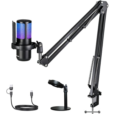Gaming USB Microphone,Noise Cancellation Condenser Mic,3.5mm Headphone,RGB Microphone with Mute,Gain,Monitoring,Boom Arm,Pop Filter for Phone,PC,Computer,Mac,Streaming,Podcast