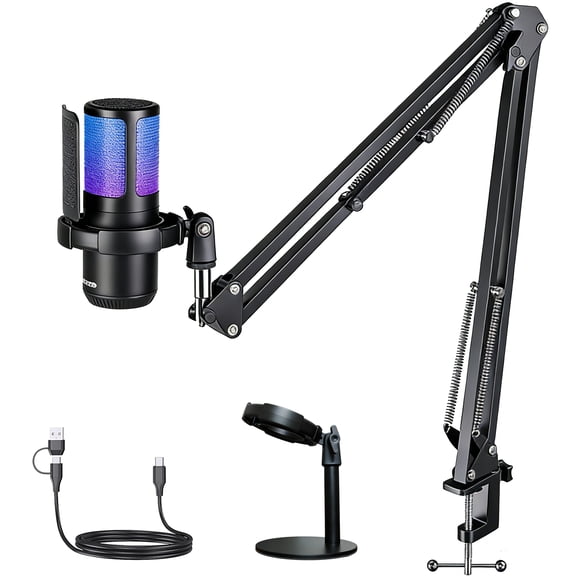 Gaming USB Microphone,Noise Cancellation Condenser Mic,3.5mm Headphone,RGB Microphone with Mute,Gain,Monitoring,Boom Arm,Pop Filter for Phone,PC,Computer,Mac,Streaming,Podcast